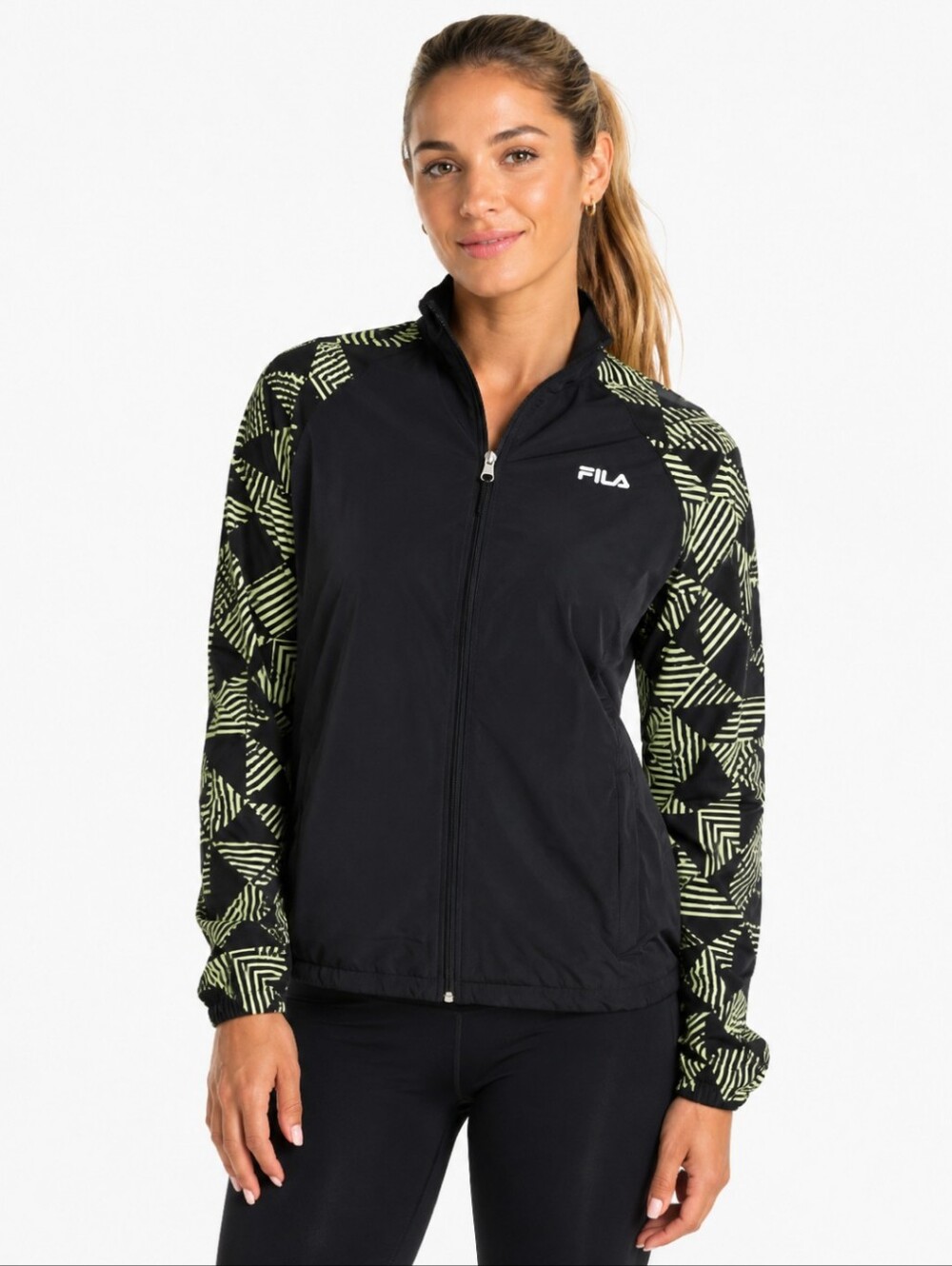 FILA Black Nylon Zip Up Runners Jacket Neon Green Print Sleeves Performance Sz L